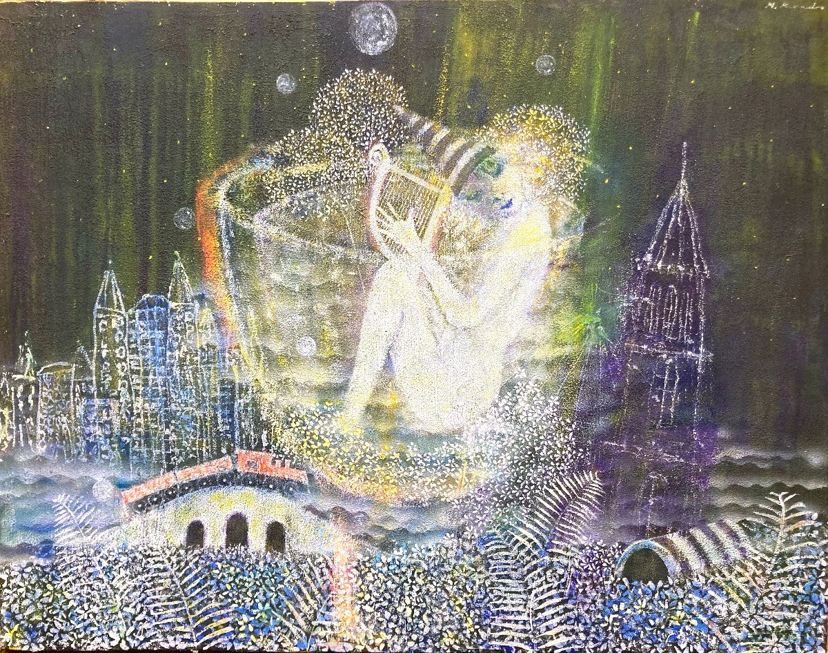 This is a work that depicts a girl playing a musical instrument on the sea in a big dream city and invites you to the world of fairy tales! Works by popular Western painters Masanobu Kondo No. 50 Heart of Water [Masamitsu Gallery] *, painting, oil painting, abstract painting