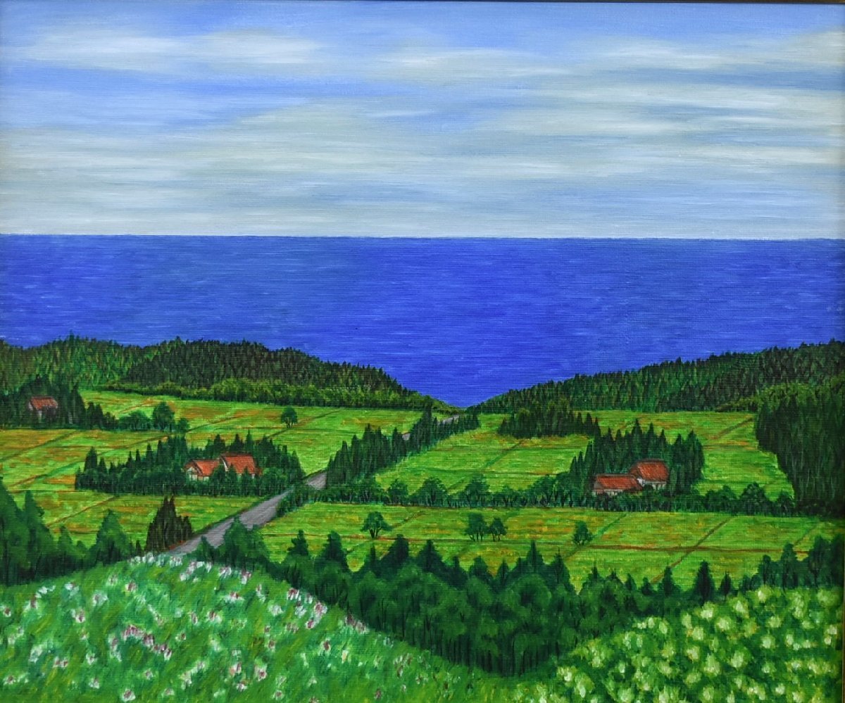 広々とした海と緑の段々畑が広がる高台です, のんびり寛げる作品です 柳達雄 ｢空海丘｣ 油彩画 8号【正光画廊】, 絵画, 油彩, 自然, 風景画