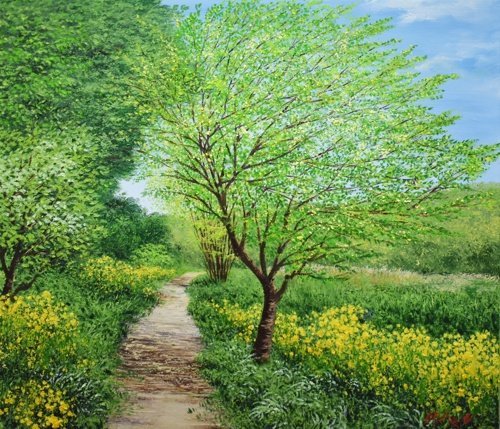 他是一位活跃的艺术家, 继续用细腻的笔触描绘四季的自然风景！[真迹]森田健一 杨叶日 西洋画, 尺寸 10, 裱框 [Masami 画廊], 绘画, 油画, 自然, 山水画