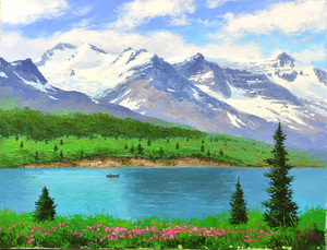 Art hand Auction アルプスに囲まれた静かな湖面のリゾートです, 明るく通年飾れます! 油彩画 作者不詳 6号 ｢氷河の夏｣【正光画廊】, 絵画, 油彩, 自然, 風景画