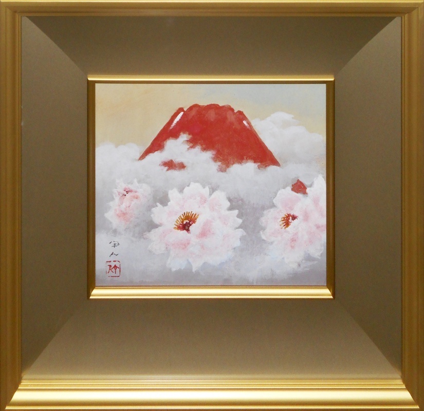 Une magnifique pièce représentant un Fuji rouge flottant dans une mer de nuages et de nobles pivoines rose pâle ! Peinture japonaise ! Kojin Kudo No. 3 Pivoine Fuji rouge [Galerie Seiko], Peinture, Peinture japonaise, Paysage, Vent et lune