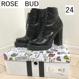 ROSE　BUD　レディース　ブーツ　ローズバッド　レースアップ　ショートブーツ　黒　エナメル　24　袴