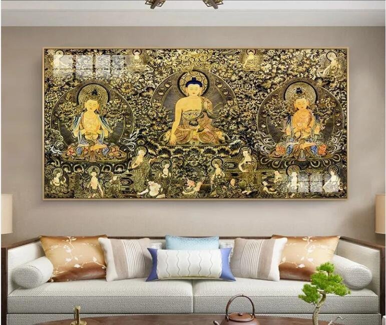 Peinture décorative de bouddha des trois mondes, tableau suspendu, salle bouddhiste, salon, salle d'étude, murale bouddhiste, 80x40CM, Peinture, Peinture à l'huile, Nature, Peinture de paysage
