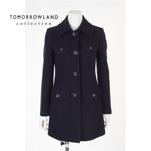 A5511/美品 秋冬 TOMORROWLAND collection トゥモローランド ウール カシミヤ サファリ ロング 膝丈 ステンカラーコート 38濃紺/レディース