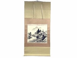 AQ0039【茶道具】「岡本 青山」「水墨山水図」 肉筆 絹本 掛軸・共箱