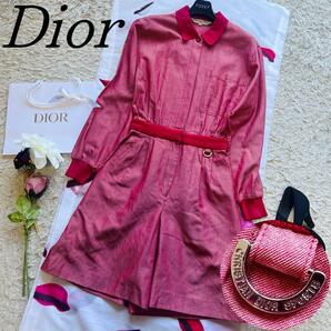 【良品】Christian Dior ロンパース レッド 襟 ハーフパンツ S クリスチャンディオール