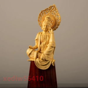 仏像 自在観音菩薩座像 黄楊木 仏教 工芸品 お守り 厄除 供養 開運 置物 仏具 仏像