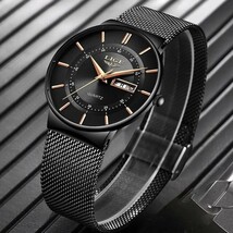 新品未使用 最新 LIGE 高級 メンズ腕時計 ラグジュアリー 30M 防水 薄型 クォーツ ファッション ウォッチ ブラック&ブラック ゴールド_画像2