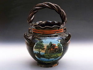 古民芸◆メキシコ トナラ焼 黒釉 角付ねじり手壺