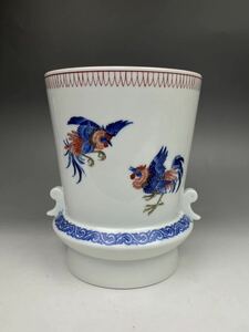 時代品 オールド香蘭社 軍鶏図 染付 色絵 蘭鉢 花瓶 桶飾壺 香蘭社 植木鉢 古美術品 鳥図 置物 オブジェ インテリア ビンテージ フラワー