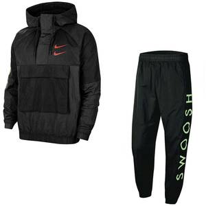 ■ナイキ ナイロン セットアップ ブラック/グリーン/レッド 新品 Mサイズ NIKE NSW SWOOSH SETUP JACKET&PANTS DJ0477-010 DJ0479-011