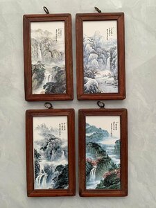 磁板絵 色絵磁器 山水画 4枚セット 額付 唐物 中国古美術