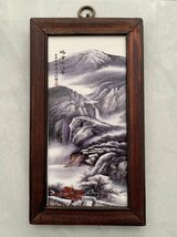 磁板絵 色絵磁器 山水画 4枚セット 額付 唐物 中国古美術_画像3