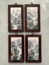 磁板絵 色絵磁器 山水画 4枚セット 額付 唐物 中国古美術_画像1