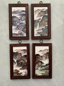 磁板絵 色絵磁器 山水画 4枚セット 額付 唐物 中国古美術
