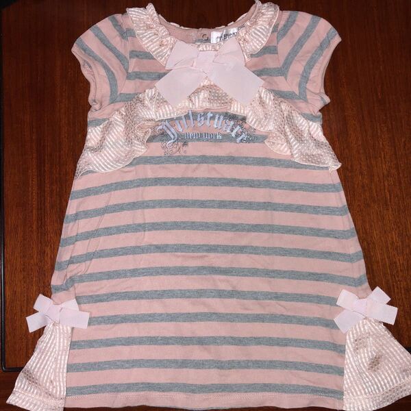 ジルスチュアート JILLSTUART チュニック 半袖ワンピース 90㎝ ピンク×グレー ボーダー柄 ビッグリボン 中古