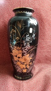 中古☆花瓶 黒 正峰 花器　レトロ　花柄　正峰窯　昭和レトロ　大　鳥　秋　ススキ　骨董　アンティーク