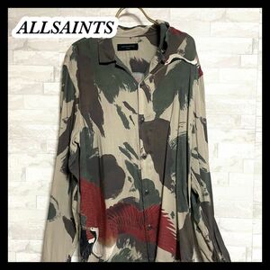 【ALLSAINTS】オールセインツ　和柄　ツル柄　鶴　レーヨンシャツ　長袖シャツ　Sサイズ　メンズ　古着　レーヨン