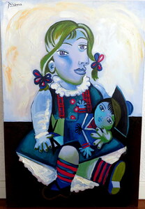 パブロ ピカソ Pablo Picasso 人形を抱くマヤ Maya la poupe オイルキャンバス クリスティーズ認証 油彩 水彩 肉筆 原画 模写