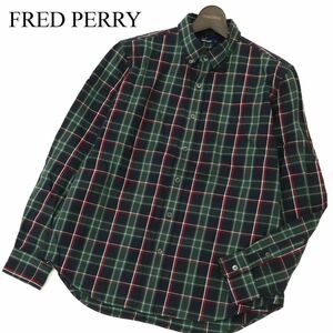 FRED PERRY フレッドペリー 通年 ロゴ刺繍★ 長袖 ボタンダウン チェック シャツ Sz.M　メンズ 緑系　C3T08709_A#C