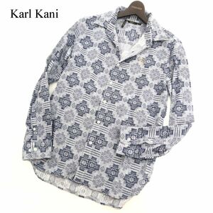 Karl Kani カールカナイ 通年 ロゴ刺繍★ ジャガード柄 総柄 長袖 シャツ Sz.L　メンズ 青系 日本製　C3T08774_A#C