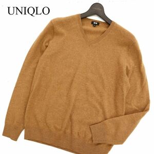 美品★ UNIQLO ユニクロ 秋冬 Vネック 高級!! カシミヤ100%★ ニット セーター Sz.M　キャメル メンズ　C3T09002_A#K