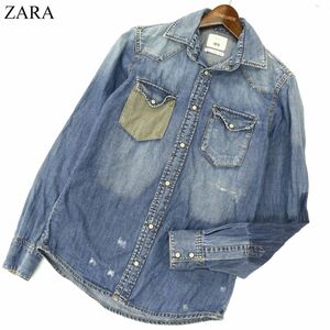 ZARA ザラ マン 通年 長袖 USED加工★ ウエスタン デニム シャツ Sz.S　メンズ　C3T09095_A#C