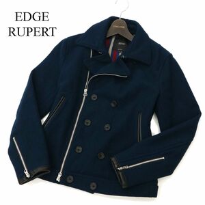 EDGE RUPERT ルパート 羊革 リアル ラム レザー使い★ 裏ストライプ メルトン ウール Pコート ジャケット Sz.M　メンズ 紺　C3T09059_A#N