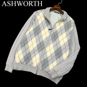 ASHWORTH アシュワース ゴルフ ロゴ刺繍 総柄 中綿 ウール100%★ ニット ジップ ジャケット ブルゾン Sz.L　メンズ グレー　C3T09169_A#N