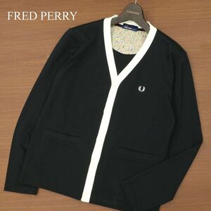 FRED PERRY フレッドペリー 通年 Pique Cardigan★ ロゴ刺繍 鹿の子 カーディガン Sz.S　メンズ 黒 日本製　C3T09288_A#O