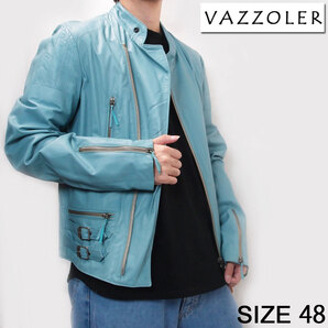 新品 VAZZOLER ヴァッツォレール ラムレザー ライダース ブルー 48