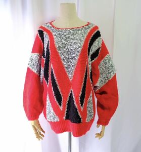 【1980s】ビンテージ　デザインニットセーター　赤　アート　ドルマンスリーブ　古着屋　ユーロ　ヴィンテージ