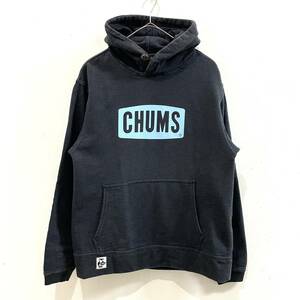 ☆CHUMS チャムス スウェットパーカー フロントロゴプリント くるみボタン サイズS ネイビー系 アウトドア 古着【送料一律/同梱可能】B