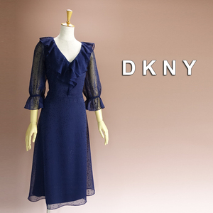 新品 DKNY 10/15号 ダナキャラン 紺 シフォン ワンピース パーティドレス 長袖 結婚式 二次会 披露宴 フォーマル 発表会 演奏会 輝52X2007