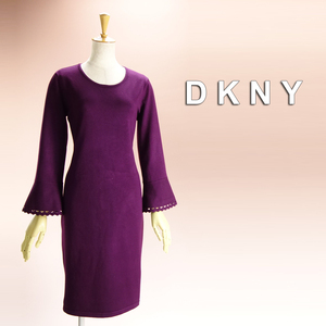 新品 DKNY 13号～15号 ダナキャラン 紫 ベルスリーブ ニットワンピース パーティドレス 結婚式二次会 披露宴 フォーマル 発表会 M輝30X2408