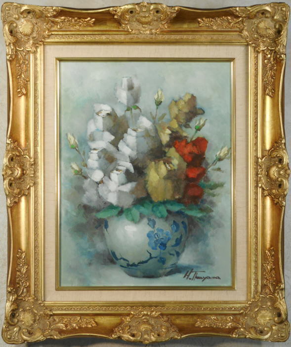 Pintura al óleo F6 Harukuni Tsuyama Rosa y jarrón teñido Pintura original Autenticidad garantizada Nacido en la prefectura de Oita Autografiado por el artista Precioso enmarcado Dimensiones del marco 58 x 48, 5 cm Buen estado Graduado de la Universidad de Artes de la Prefectura de Oita, cuadro, pintura al óleo, pintura de naturaleza muerta