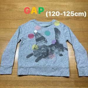 【GAP】(USED)グレー ニット帽ネコちゃん 裏起毛トレーナー S(6-7)(120-125cm)