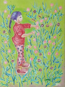 Art hand Auction ≪国美協≫, 佐藤めみ, 『コスモスとむすめ』, 油彩画, F4号:33, 4cm×24, 3cm, 油絵一点物, 新品高級油彩額付, 直筆サイン･真作保証付, 絵画, 油彩, 人物画