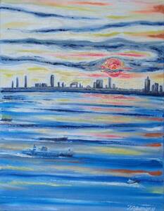 Art hand Auction ≪Komikyo≫, Memi Sato, Sunset from Aqualine, oil painting, F6 No.:40, 9×31, 8cm, one-of-a-kind item, Brand new high quality oil painting with frame, Hand-signed and guaranteed authenticity, painting, oil painting, Nature, Landscape painting