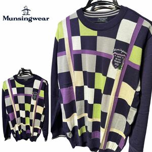 新品未使用 MUNSINGWEAR マンシングウェア ボーダー ニット セーター トップス 毛100% メンズ ゴルフ ゴルフウェア サイズM パープル 総柄