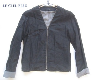 【セール】美品!!ルシェルブルー LE CIEL BLEU*麻41% リネンレーヨンダブルジップジャケット 黒 40 レディースM