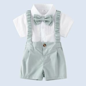 幼児男の子用紳士2点セット ネクタイ付き白シャツと緑のサスペンダーパンツ　ベビー服　パーティー　誕生日　結婚式　70cm 80cm