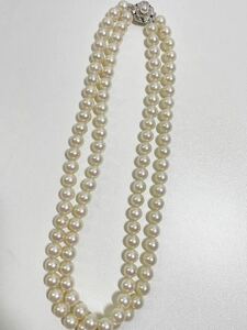 極美品 パールネックレス 2連 留め具大きめパール付き SILVER 刻印 真珠 大きめパール 