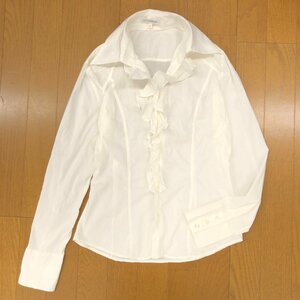 美品 NARACAMICIE ナラカミーチェ フリル装飾 スキッパーカラー ストレッチ シアー シャツ 1(M) 白 ホワイト 長袖 シースルー ブラウス