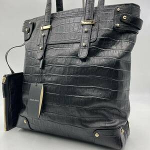 【美品】GIORGIO ARMANI アルマーニ メンズ トートバッグ 肩掛け A4 ビジネス クロコ 型押し ポーチ付 自立 レザー 本革 ブラック 黒