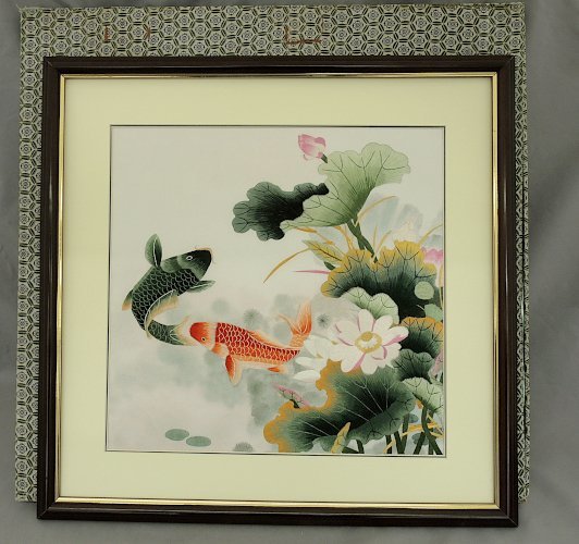 중국어 자수 잉어 연꽃 잉어 자수 그림 연꽃 액자 36.5cm x 36.8cm 실크 공예 미술 인테리어 사용, 삽화, 그림, 다른 사람