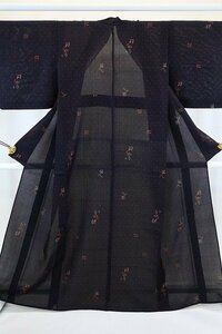 【送料無料】未使用品　小紋　紗織　こげ茶色　絣紋様　身丈164.5cm　裄丈62.5cm　盛夏　正絹　お洒落　仕立て上がり　m-3442