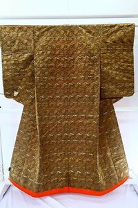【着物フィ】アンティーク　打掛け　金茶色　　レトロ　大正ロマン　結婚式 正絹 kimono　14677