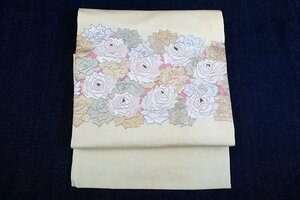 【着物フィ】アンティーク　名古屋帯　薔薇　刺繍　3m42cm　クリームイエロー　大正ロマン　レトロ　お洒落　正絹　14654