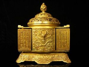 「時代物 古銅彫 塗金盤龍機関盒」旧銅器 置物擺件 賞物 中国古美術 旧蔵出